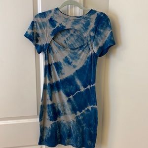 Blue and gray tie dyed, cotton, open neck dress.